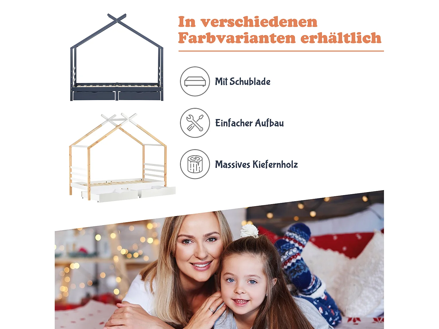 Lit cabane enfant avec tiroirs, pin massif, blanc et bois naturel (210x96x183cm)