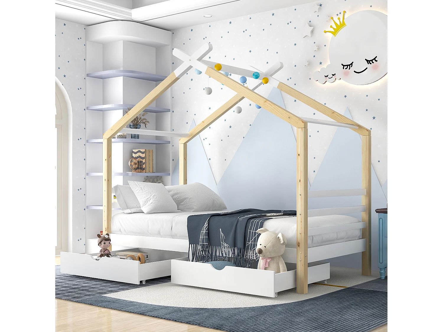 Lit cabane enfant avec tiroirs, pin massif, blanc et bois naturel (210x96x183cm)