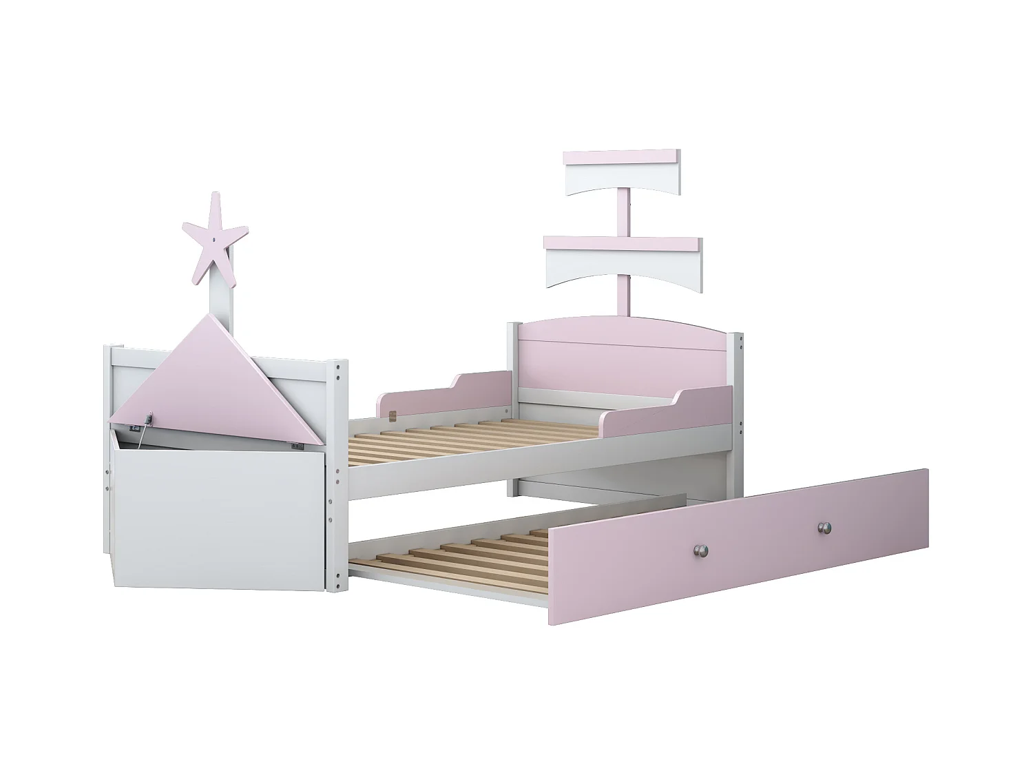 Kinderbed 90x200 cm bootvorm, uitschuifbed, geïntegreerde opbergkast, hout, roze (248,6x94,5x132 cm)