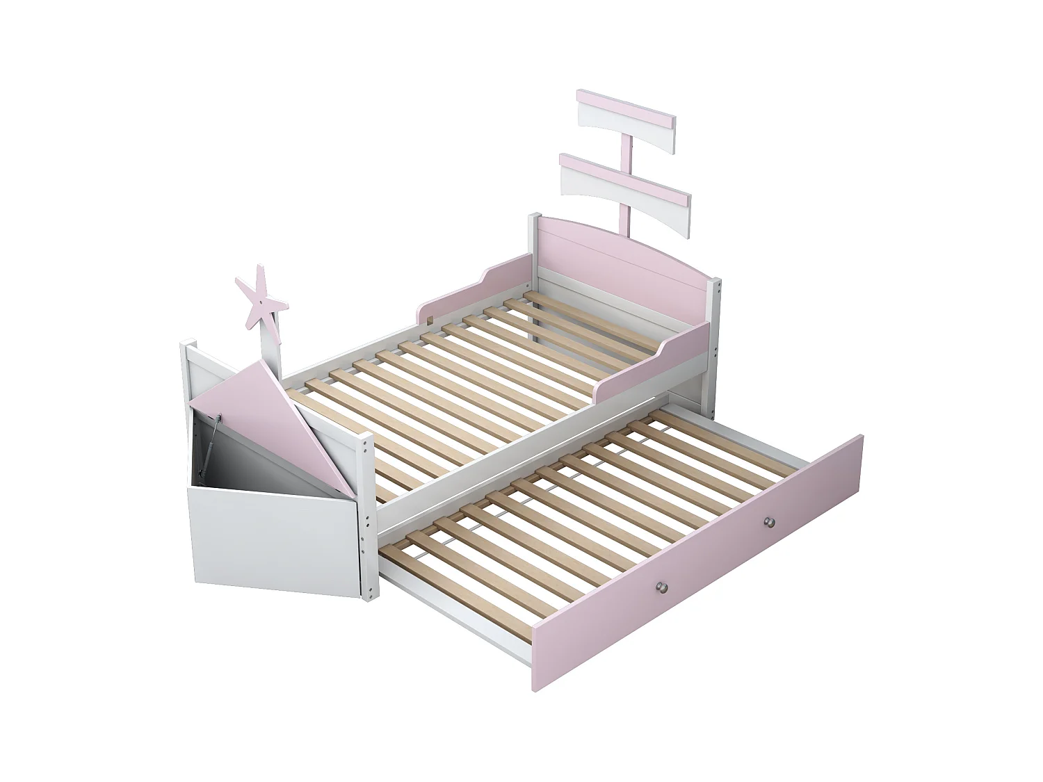 Kinderbed 90x200 cm bootvorm, uitschuifbed, geïntegreerde opbergkast, hout, roze (248,6x94,5x132 cm)