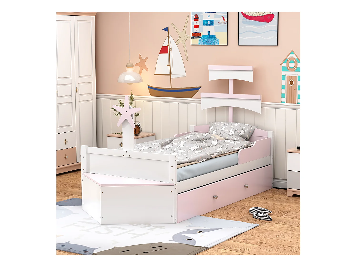 Cama infantil 90x200 cm forma barco, cama nido, armario de almacenaje integrado, madera, rosa (248,6x94,5x132 cm)