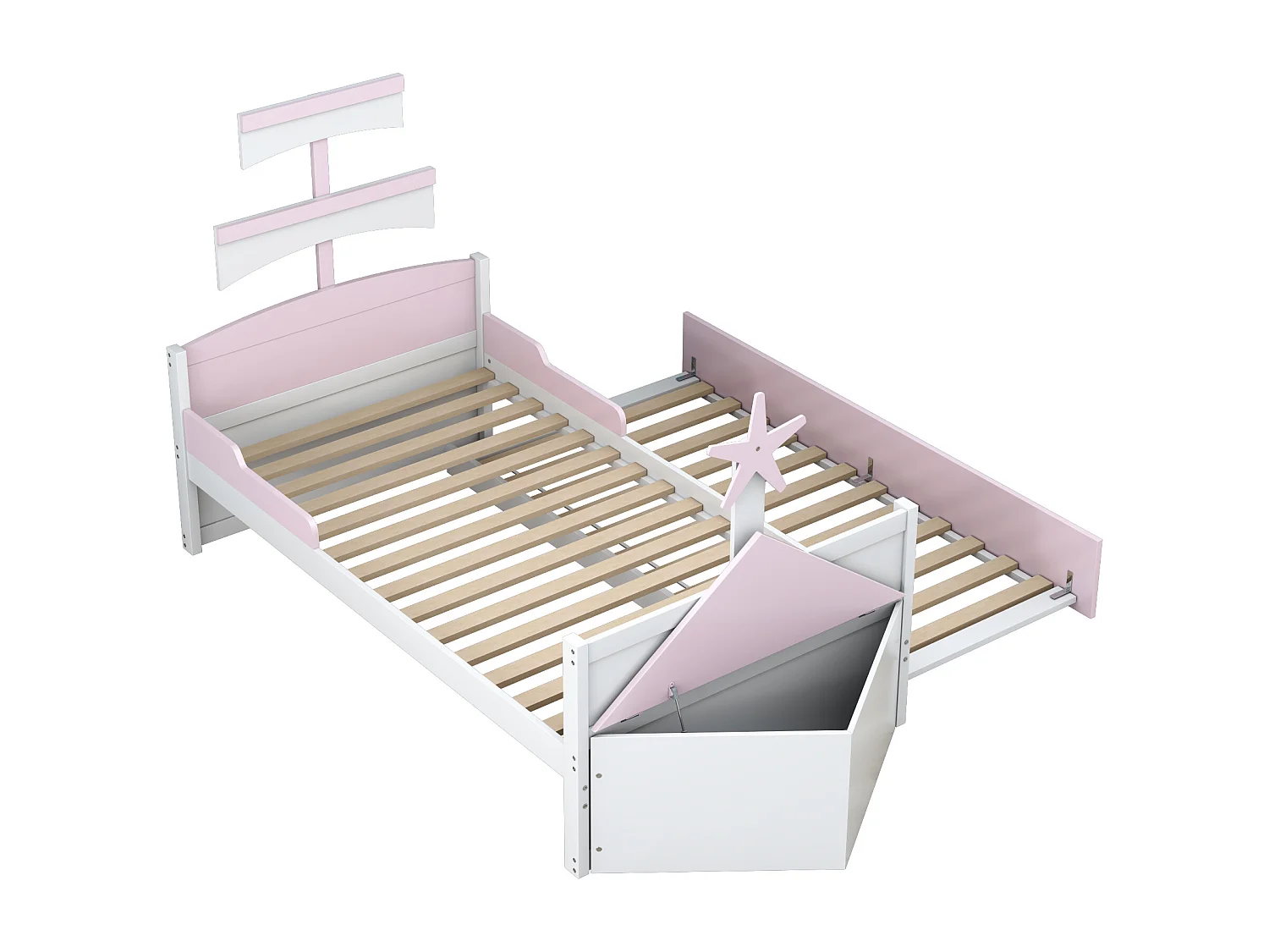 Lit enfant 90x200 cm forme bateau, lit gigogne, armoire de rangement intégrée, bois, rose (248.6x94.5x132 cm)