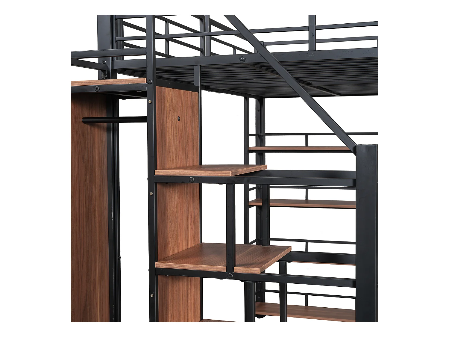 Mezzaninebed 140x200 cm, veiligheidsladder, opbergruimte, kleine kast, planken, hoge barrière, zwart (249,5x147x170 cm)