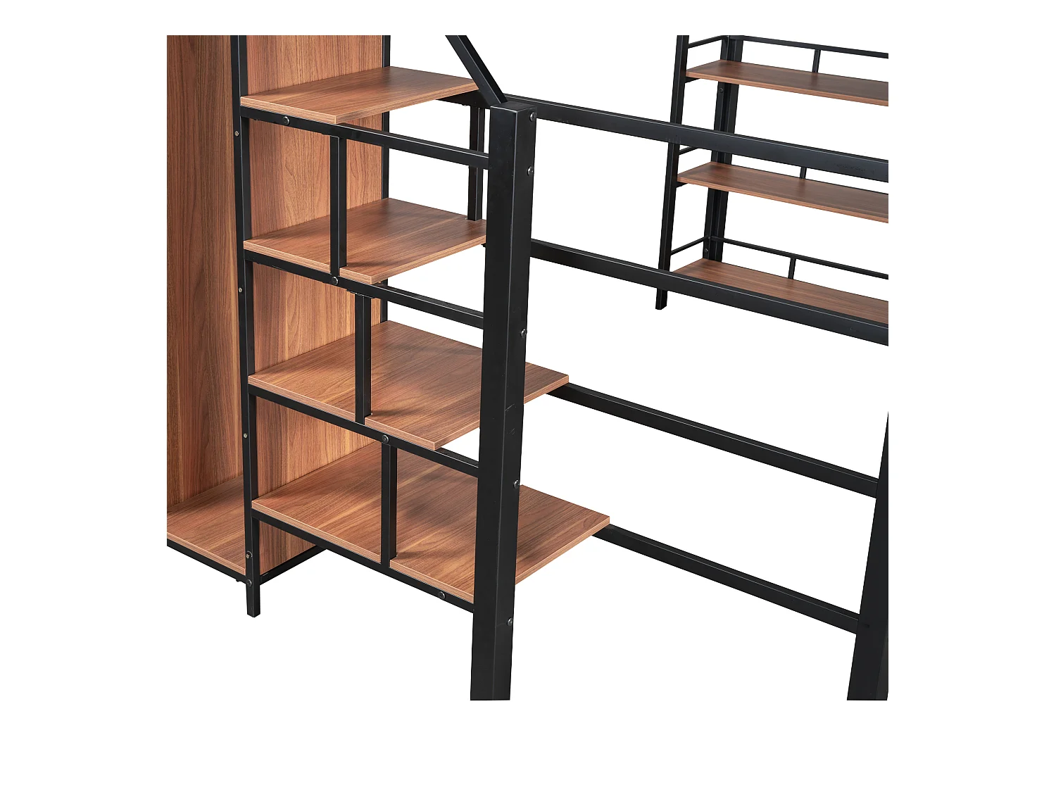 Mezzaninebed 140x200 cm, veiligheidsladder, opbergruimte, kleine kast, planken, hoge barrière, zwart (249,5x147x170 cm)