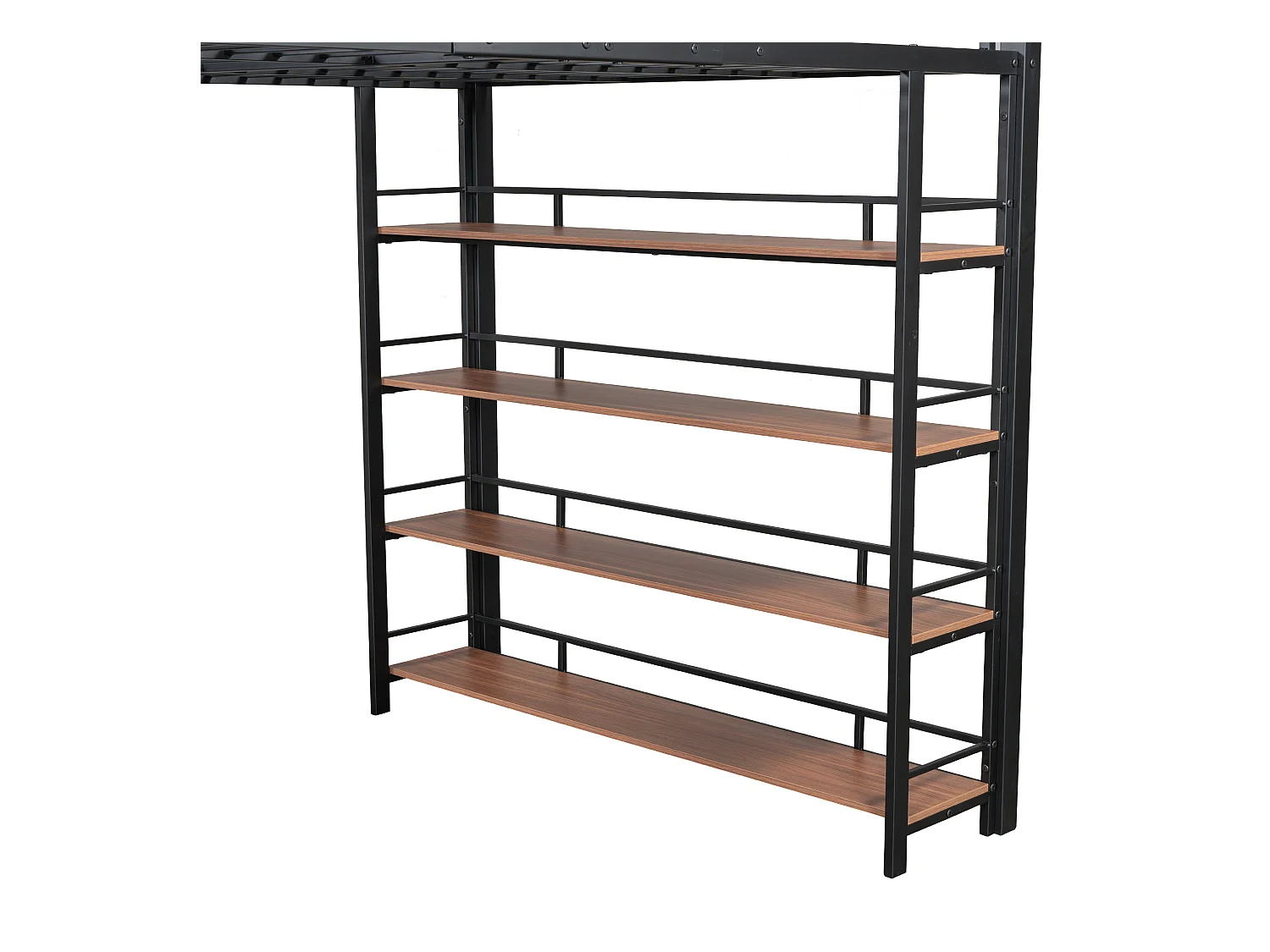 Mezzaninebed 140x200 cm, veiligheidsladder, opbergruimte, kleine kast, planken, hoge barrière, zwart (249,5x147x170 cm)