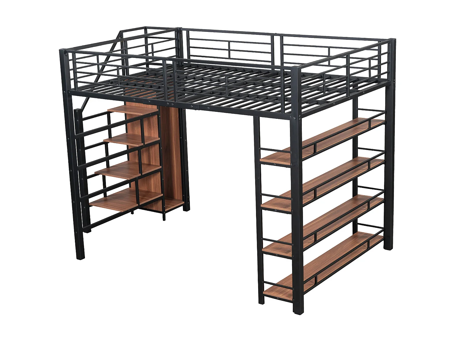 Lit mezzanine 140x200 cm, échelle sécurisée, rangements, petit placard, étagères, haute barrière, noir (249.5x147x170 cm)