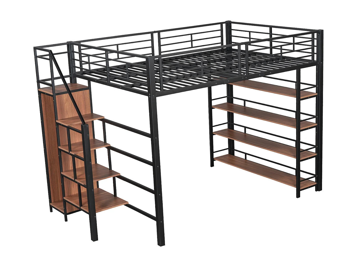 Lit mezzanine 140x200 cm, échelle sécurisée, rangements, petit placard, étagères, haute barrière, noir (249.5x147x170 cm)