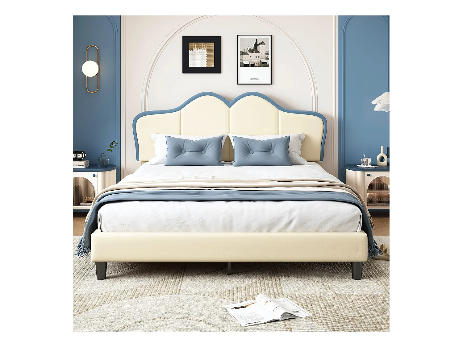 Lit enfant avec protection, tête de lit élégante, pieds stables, PU et bois, blanc + bleu, 140x200cm