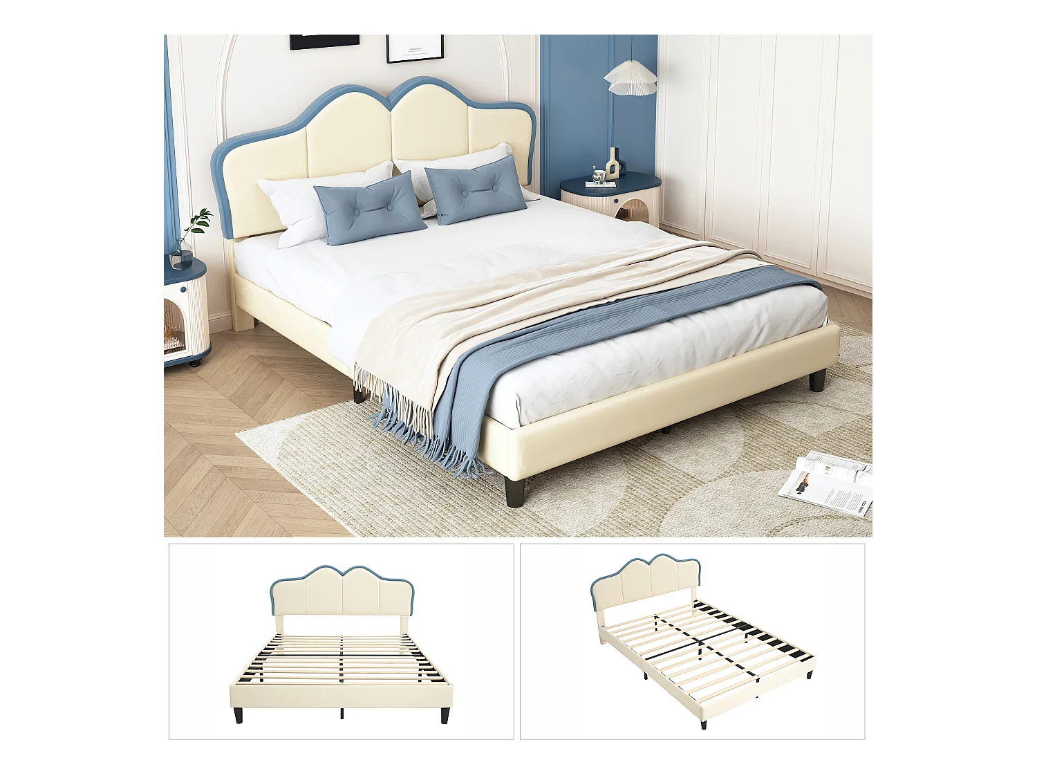 Lit enfant avec protection, tête de lit élégante, pieds stables, PU et bois, blanc + bleu, 140x200cm