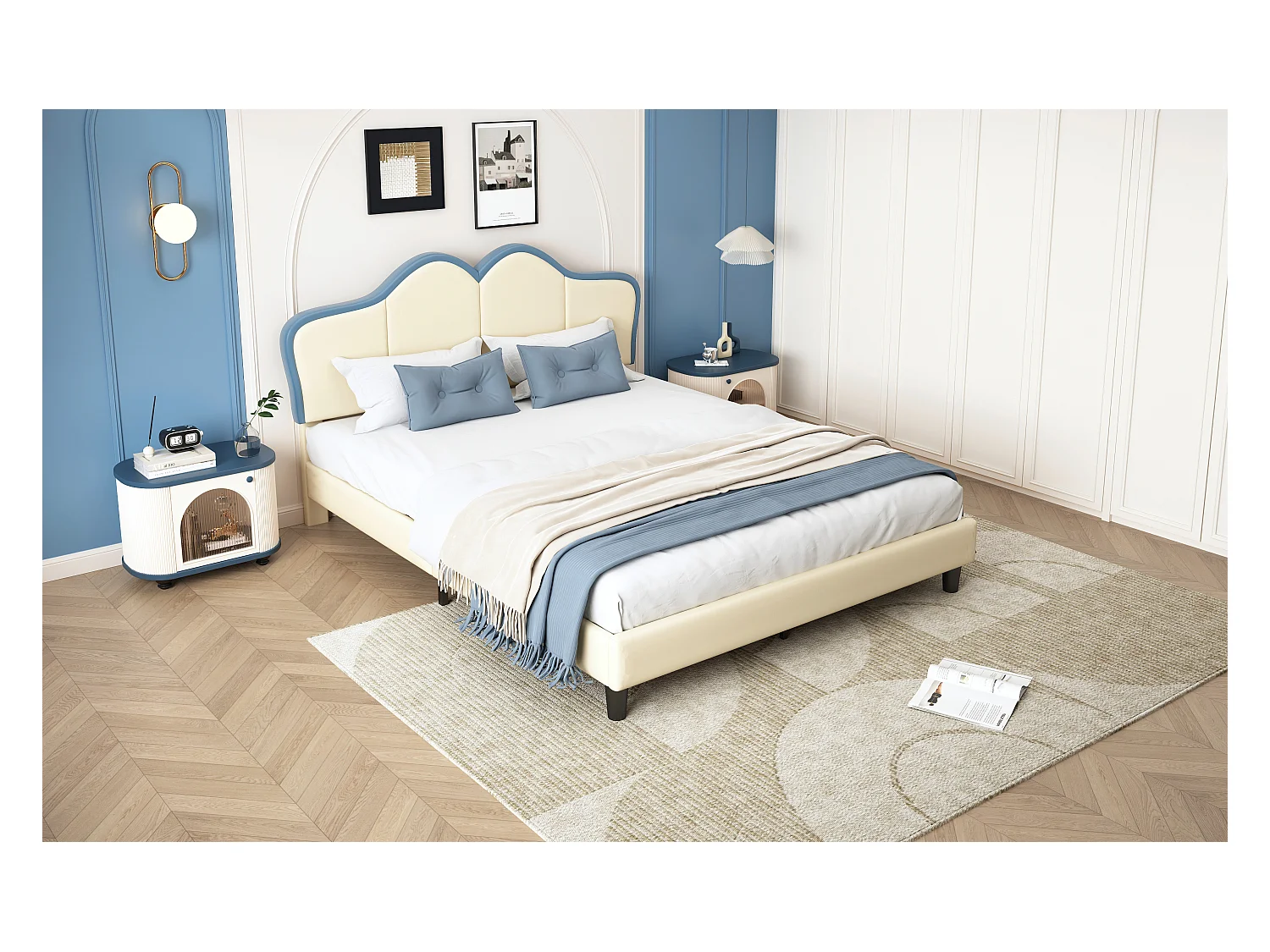 Lit enfant avec protection, tête de lit élégante, pieds stables, PU et bois, blanc + bleu, 140x200cm