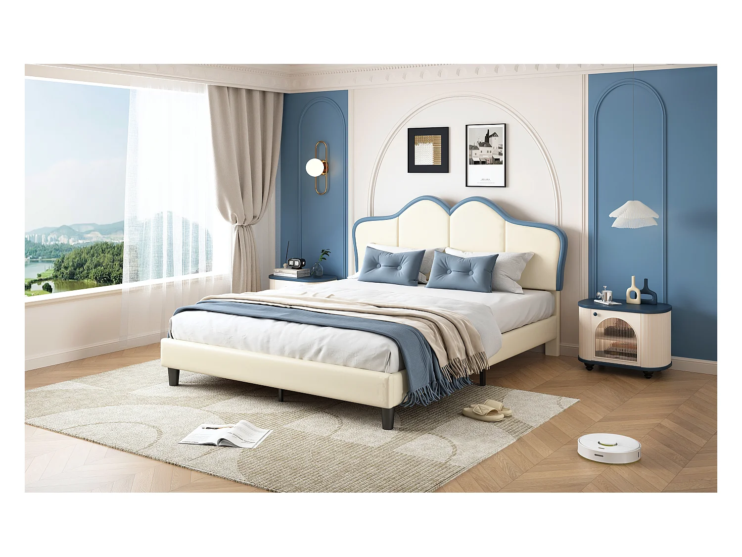 Lit enfant avec protection, tête de lit élégante, pieds stables, PU et bois, blanc + bleu, 140x200cm