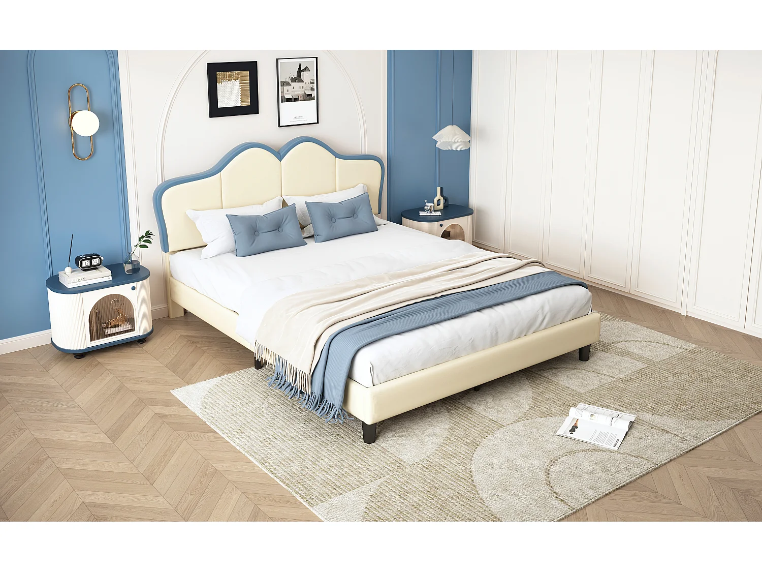 Lit enfant avec protection, tête de lit élégante, pieds stables, PU et bois, blanc + bleu, 140x200cm