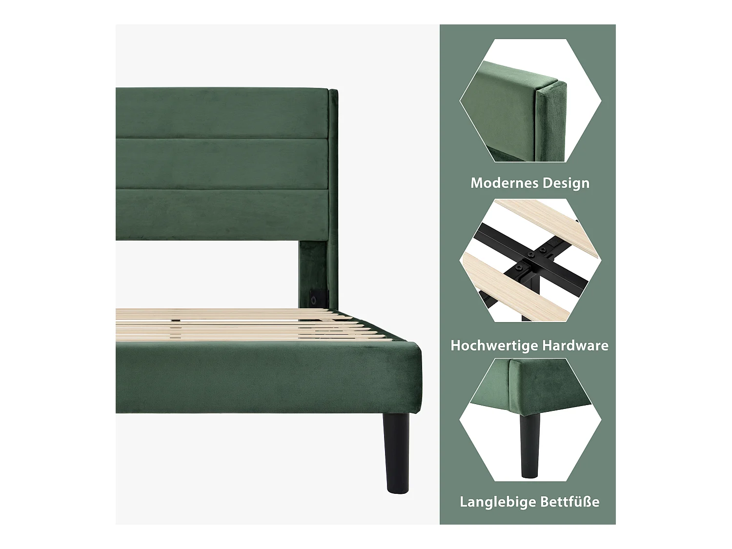 Lit tapissé avec tête de lit rembourrée, cadre en velours vert foncé, 90x200cm (90x200x111cm)
