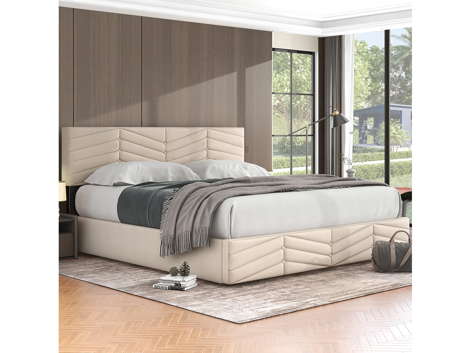 Lit rembourré 180 x 200 cm avec tête de lit réglable, stockage intégré et 2 tiroirs, en velours beige (180x200 cm)