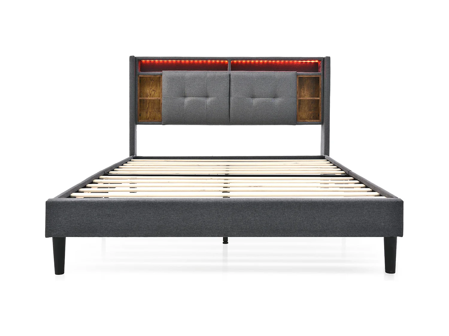 Lit double avec tête de lit réglable, avec rangement, charge USB et éclairage LED, PU, gris, 160x200 cm (dimensions : 206x165x107 cm)