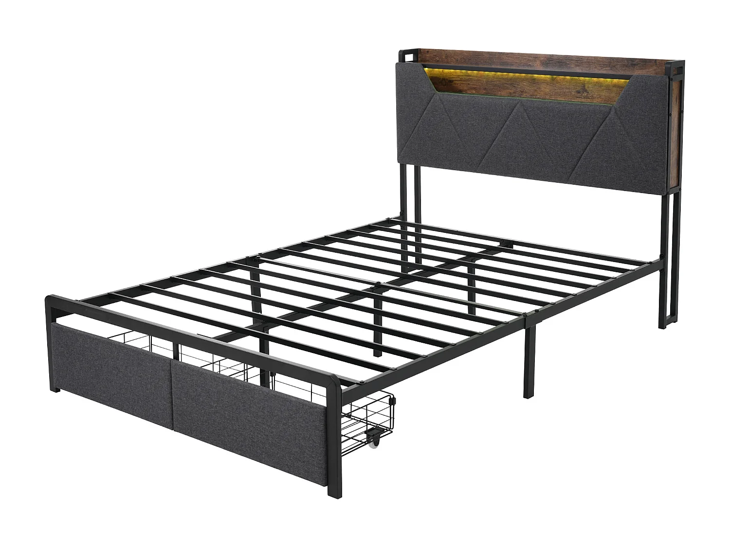 Lit double avec USB Type-C, rangement tête de lit, LED, lin, gris (161x217x110cm)