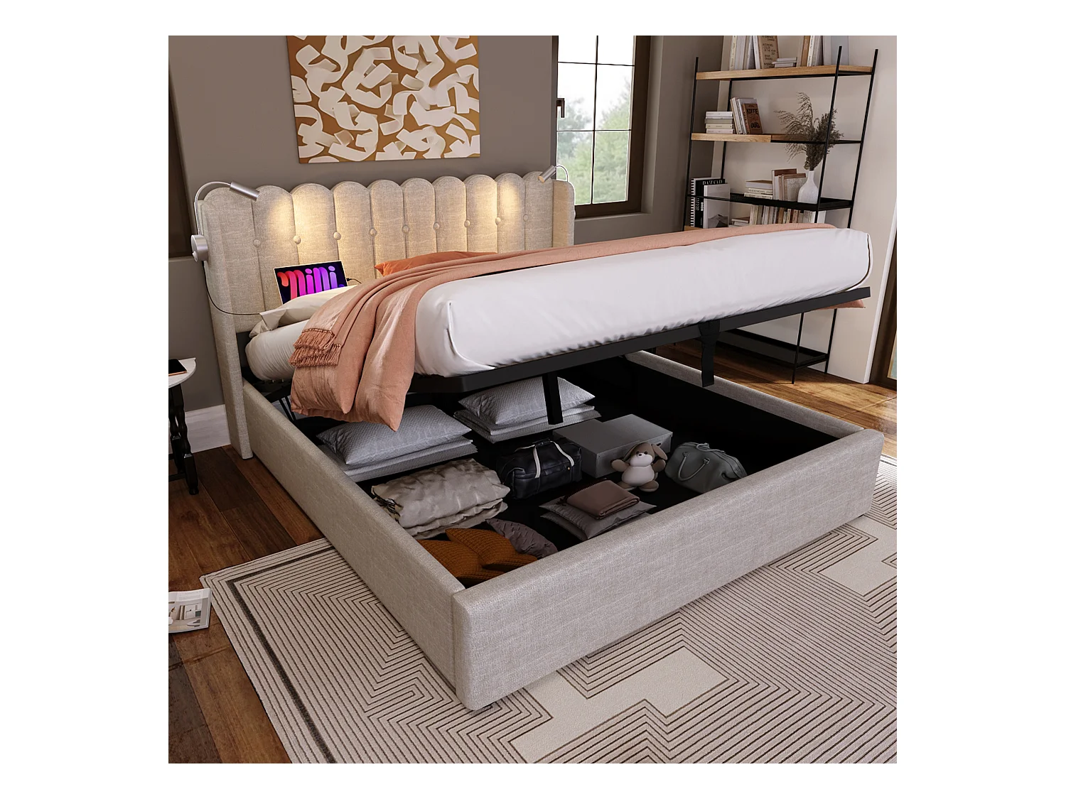 Letto matrimoniale con luce di lettura e funzione di ricarica USB, struttura con contenitore in lino naturale (165x206x103cm)