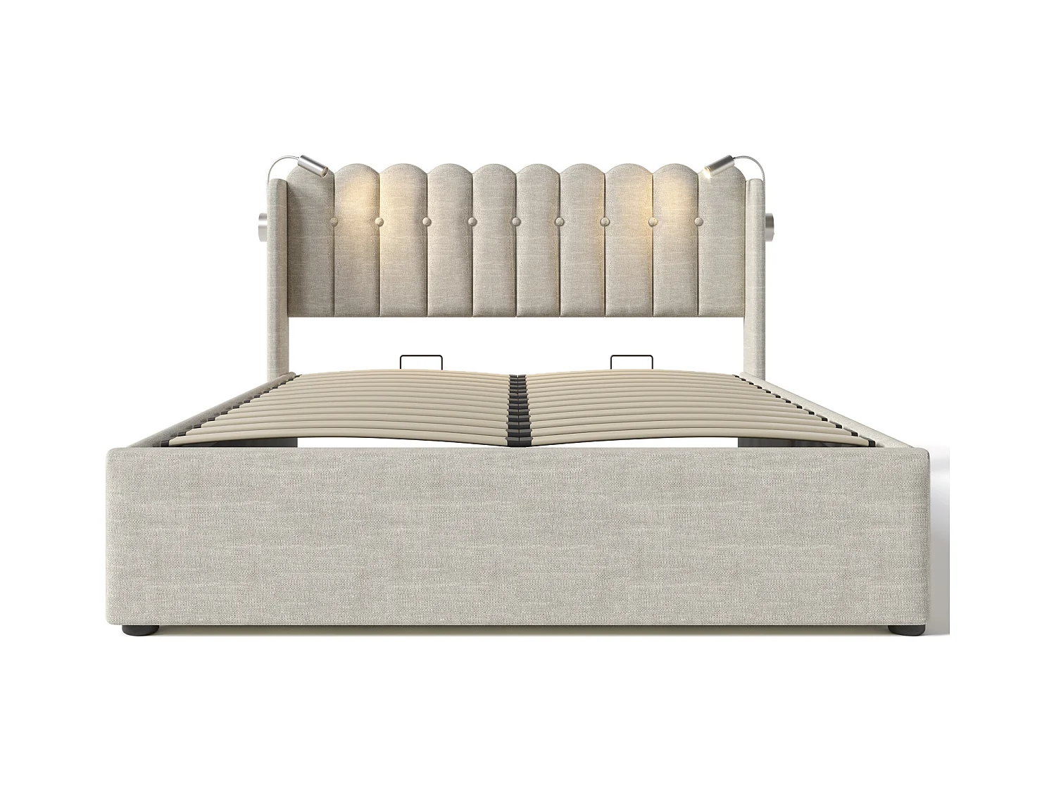 Letto matrimoniale con luce di lettura e funzione di ricarica USB, struttura con contenitore in lino naturale (165x206x103cm)