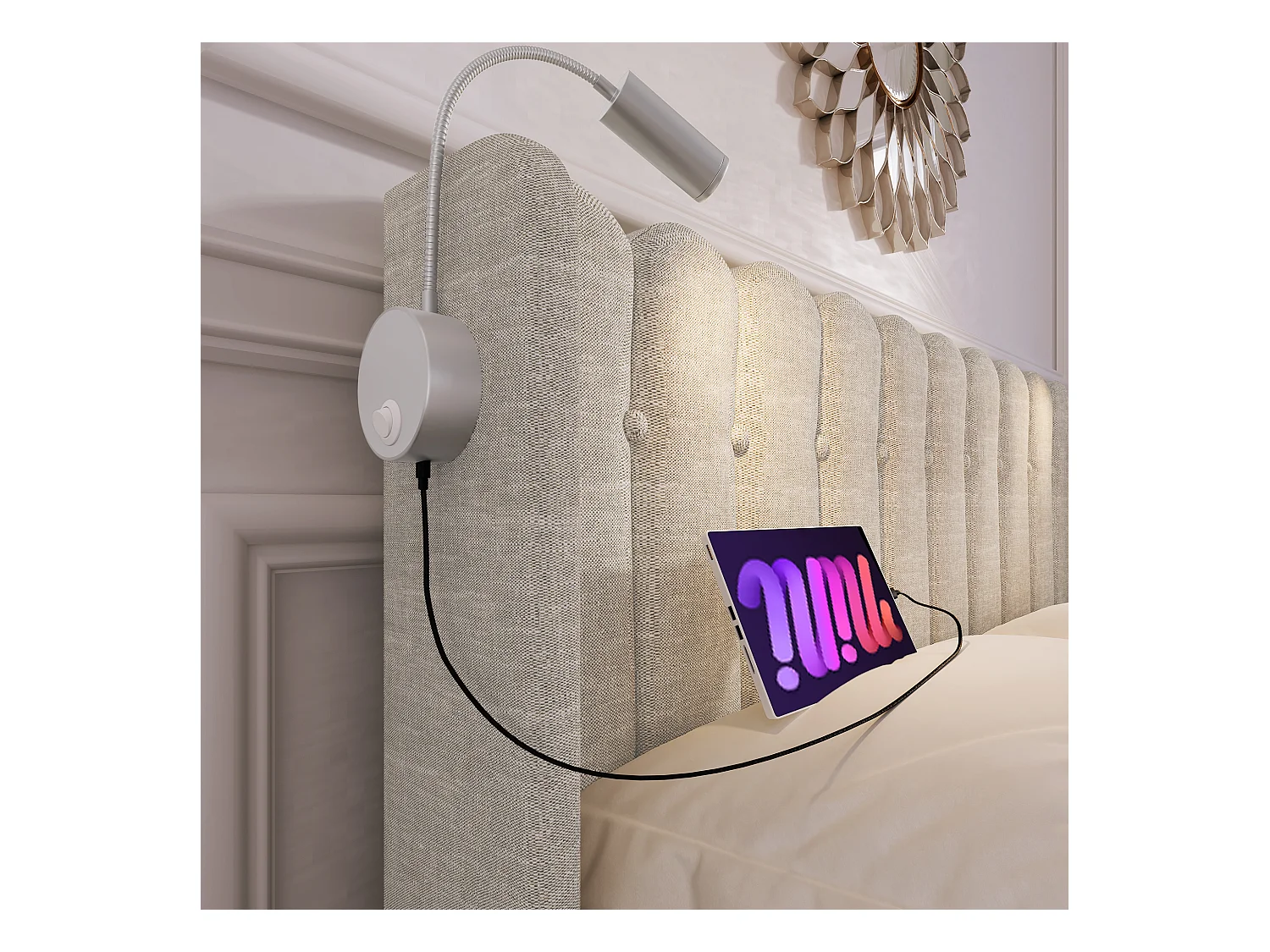 Letto matrimoniale con luce di lettura e funzione di ricarica USB, struttura con contenitore in lino naturale (165x206x103cm)