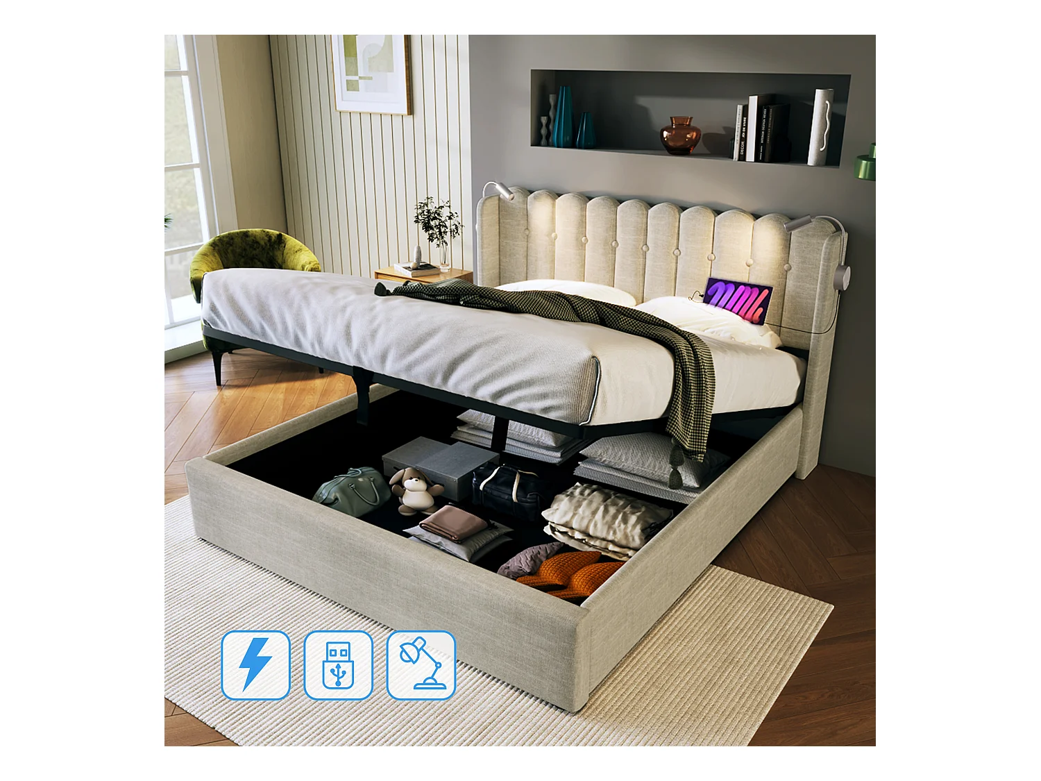 Letto matrimoniale con luce di lettura e funzione di ricarica USB, struttura con contenitore in lino naturale (165x206x103cm)