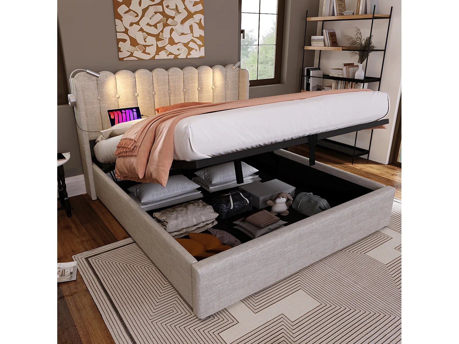 Lit double avec liseuse et fonction chargeur USB, cadre avec rangement en lin naturel (165x206x103cm)