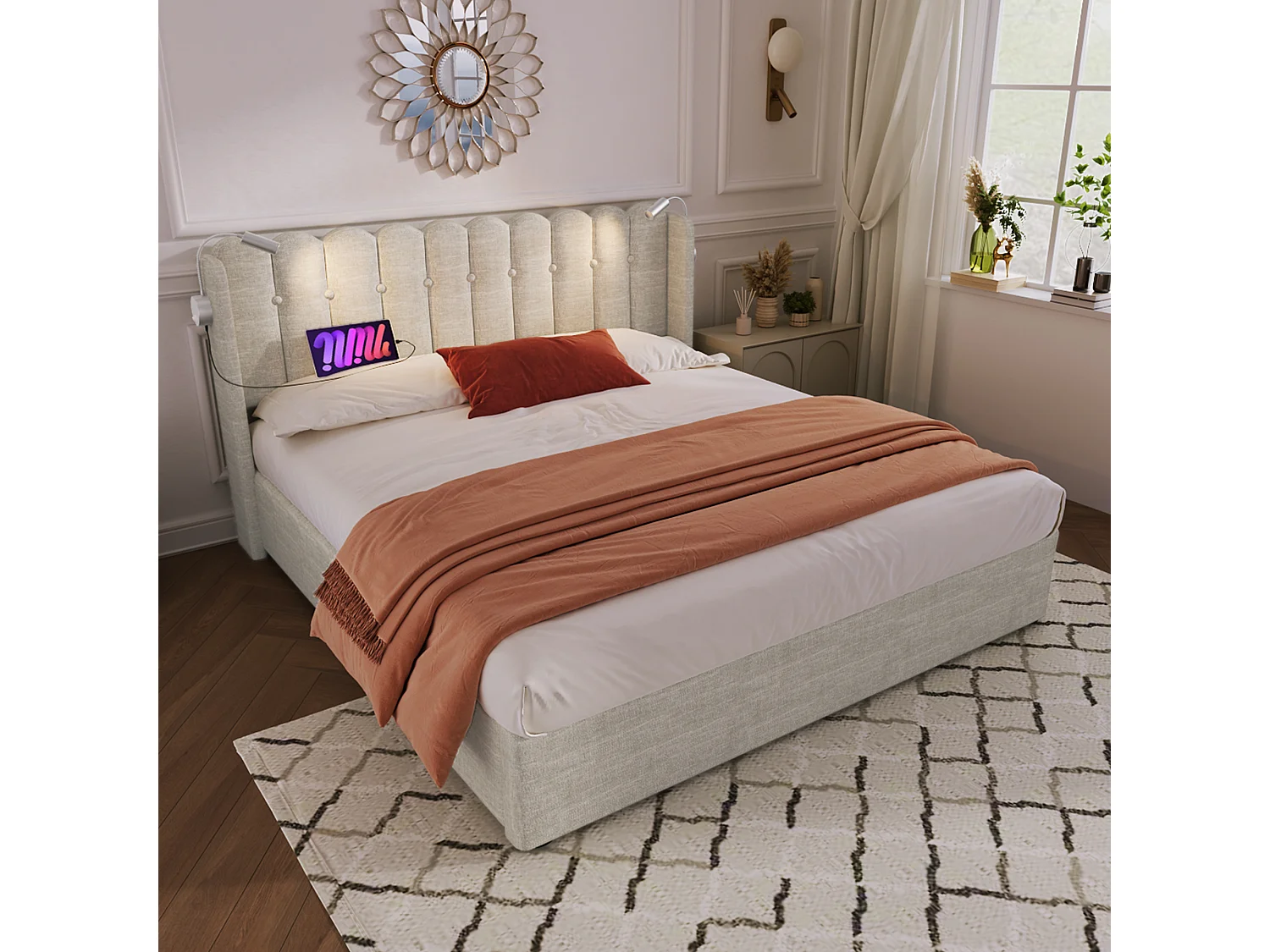 Lit double avec liseuse et fonction chargeur USB, cadre avec rangement en lin naturel (165x206x103cm)