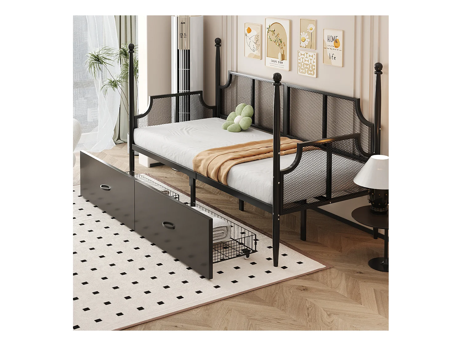 Lit multifonction 90x200, design vintage avec dossier en métal et accoudoirs, cadre métallique avec étagères de rangement, noir (210x97x130 cm)