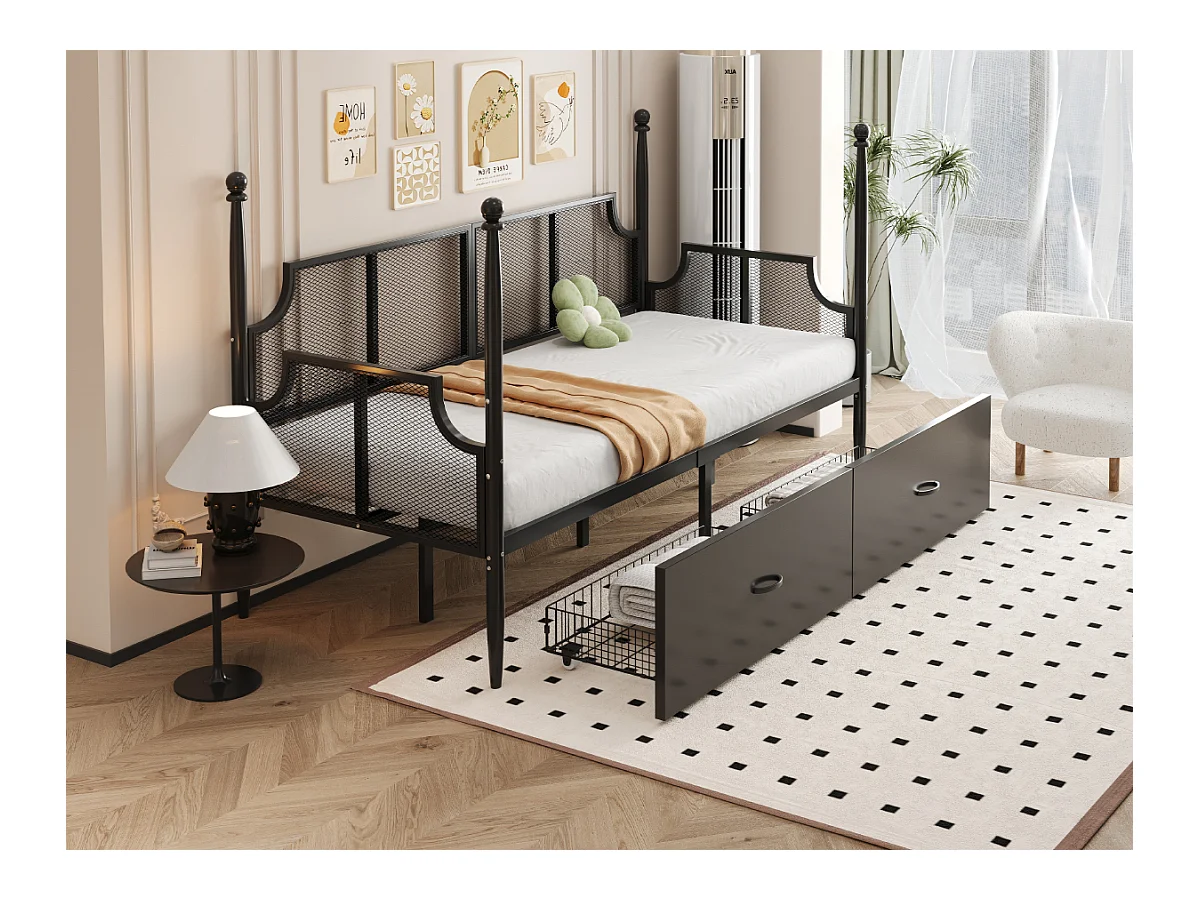 Lit multifonction 90x200, design vintage avec dossier en métal et accoudoirs, cadre métallique avec étagères de rangement, noir (210x97x130 cm)