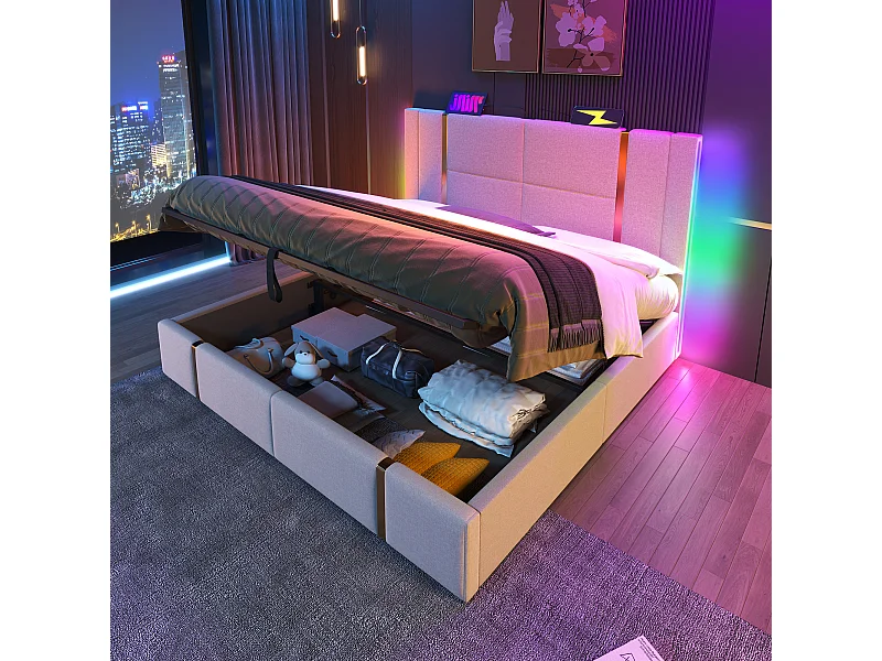 Tweepersoonsbed 160\200 cm, linnenbeige, met hydraulische opbergruimte, USB Type-C hoofdeinde en APP-gestuurde LED (zonder matras)