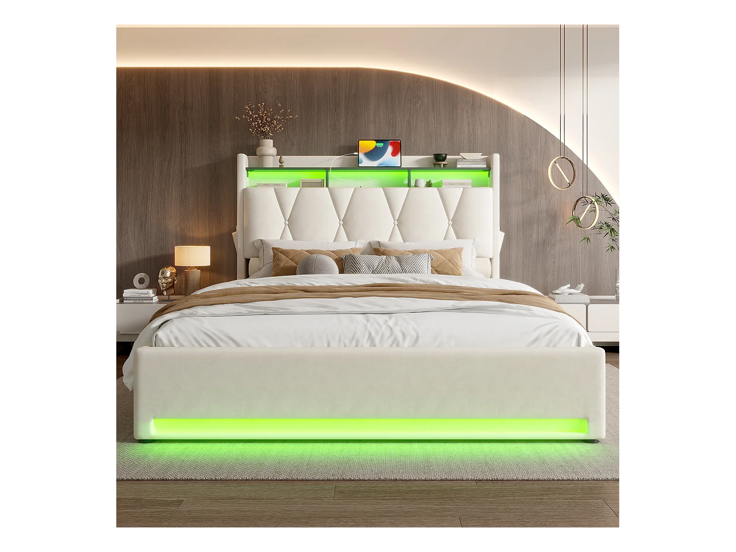 Lit moderne avec tête de lit LED, rangements intégrés, USB Type-C, gris, 160x200 cm (166x221x170 cm)
