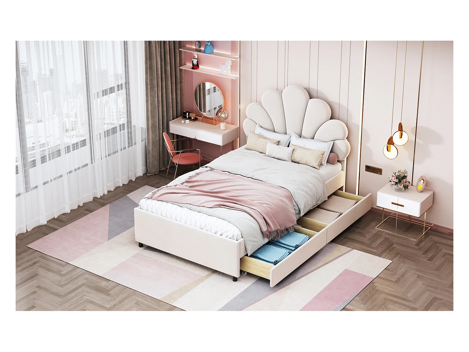 Letto per bambini 90x200 cm con testiera floreale, contenitore sottoletto e struttura in velluto beige (203x90x116 cm)