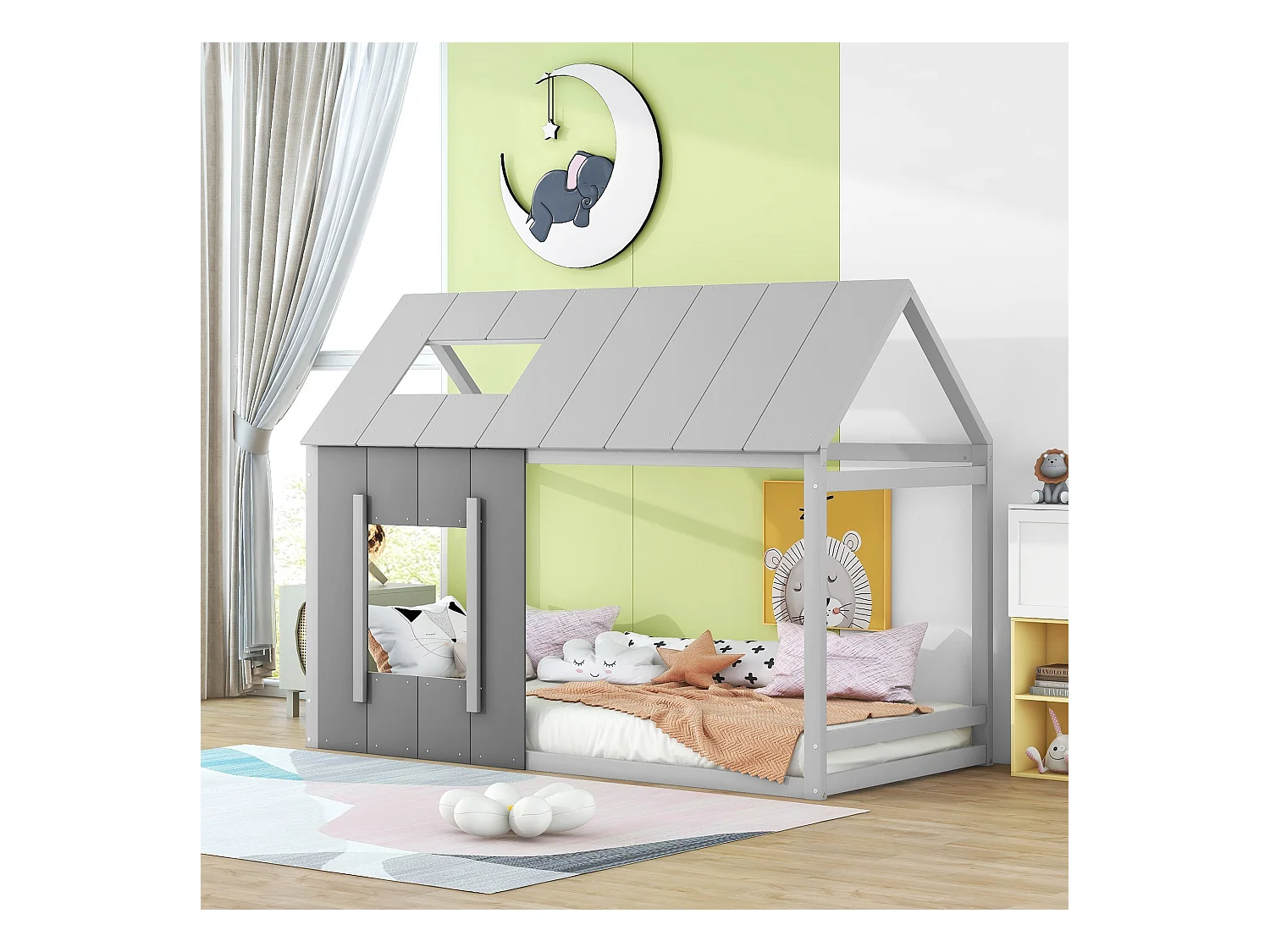 Lit enfant 90x200 cm, Lit maison avec rambarde, toit et fenêtres, Pin, Gris (206x95x150 cm)