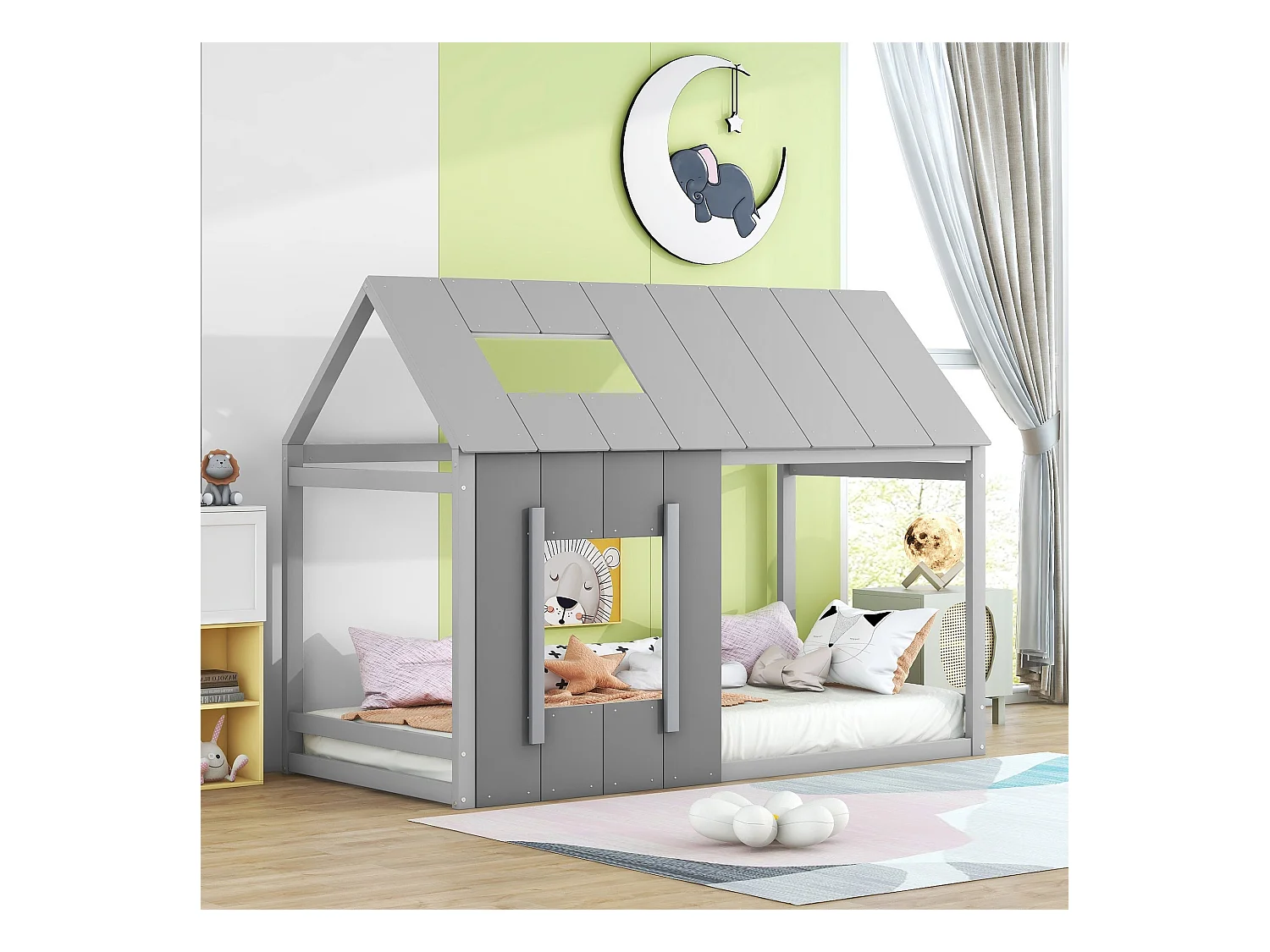 Lit enfant 90x200 cm, Lit maison avec rambarde, toit et fenêtres, Pin, Gris (206x95x150 cm)