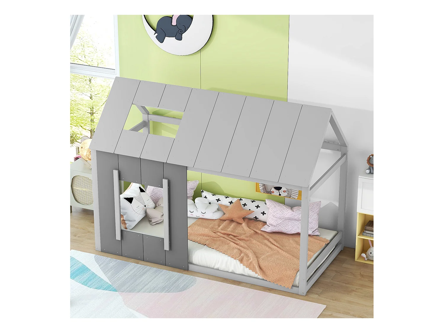 Lit enfant 90x200 cm, Lit maison avec rambarde, toit et fenêtres, Pin, Gris (206x95x150 cm)