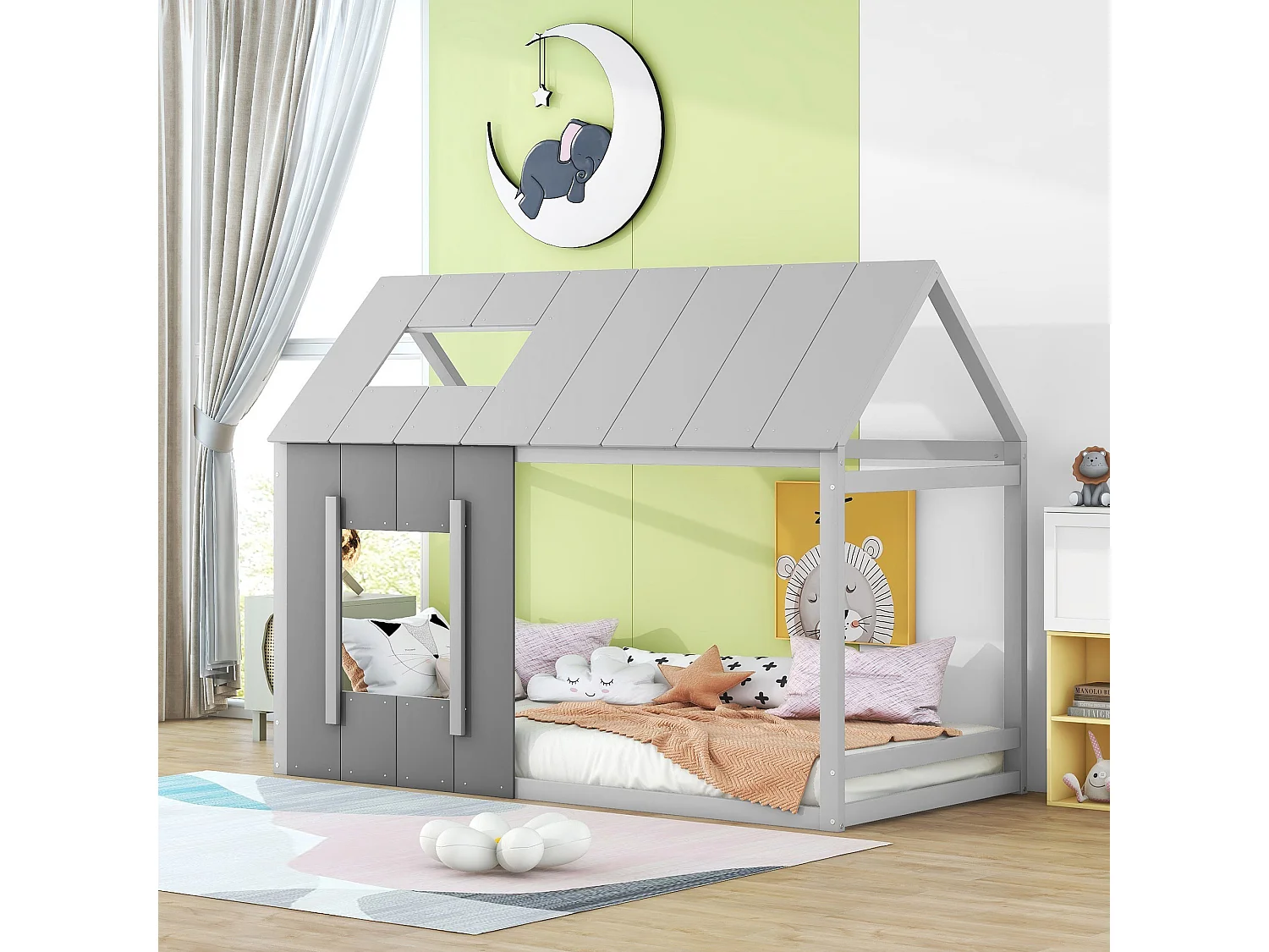 Kinderbed 90x200 cm, Huisbed met leuning, dak en ramen, Dennen, Grijs (206x95x150 cm)
