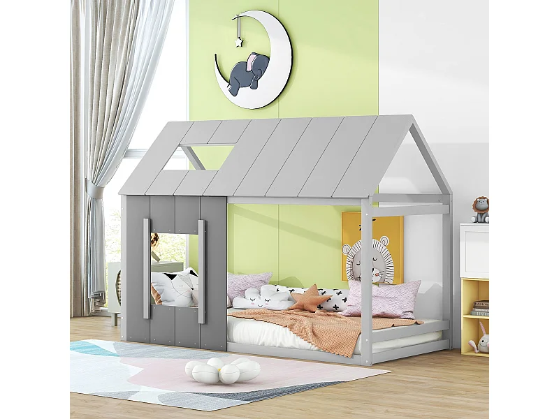 Kinderbed 90x200 cm, Huisbed met leuning, dak en ramen, Dennen, Grijs (206x95x150 cm)