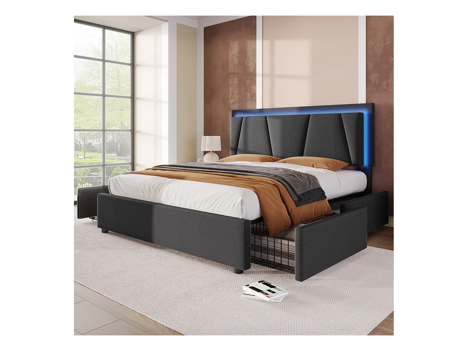 Lit double avec 4 tiroirs, tête de lit réglable avec fonction charge USB Type-C, lin gris (169x207x102-112 cm)