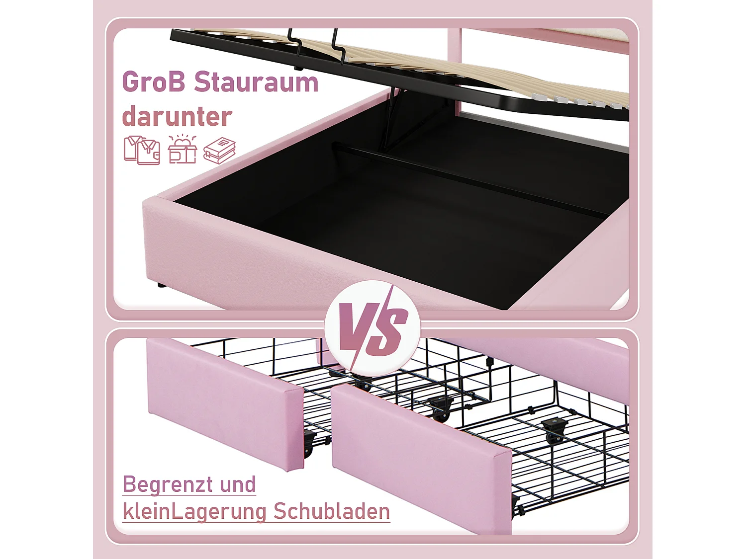 Bed met LED, 140x200 cm, bed met hydraulische opbergruimte en op afstand bedienbare sfeerverlichting, prinsessenvorm, PU, roze (203x143x137,5 cm)