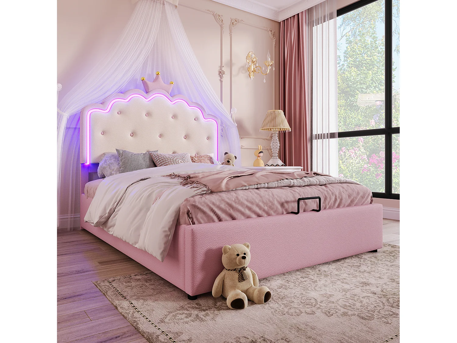 Bed met LED, 140x200 cm, bed met hydraulische opbergruimte en op afstand bedienbare sfeerverlichting, prinsessenvorm, PU, roze (203x143x137,5 cm)