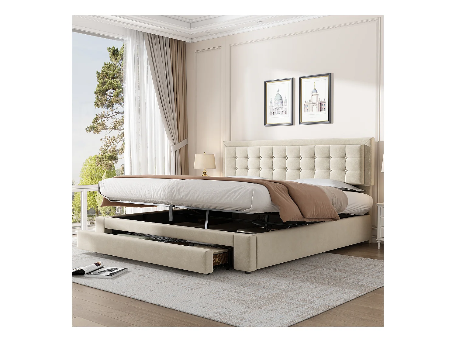 Bed met opbergruimte en lades, 180\200 cm, fluweel, lattenbodem, grote opbergruimte, beige