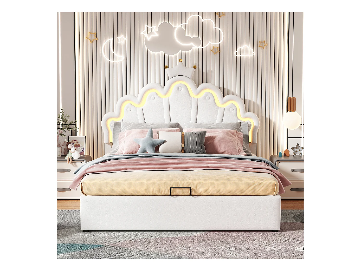 Lit plat 140x200 cm, lit rembourré, lit princesse avec éclairage LED réglable, couronne décorative, PU, blanc (203x140x131 cm)