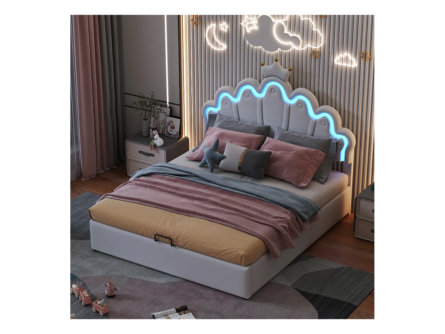 Lit plat 140x200 cm, lit rembourré, lit princesse avec éclairage LED réglable, couronne décorative, PU, blanc (203x140x131 cm)