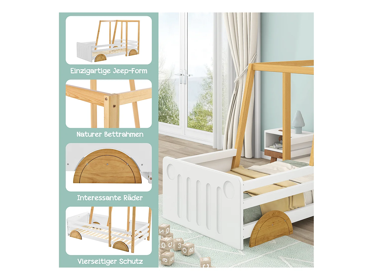 Autovormig kinderbed, massief houten frame, MDF, wit + naturel (207,5x95x124 cm)