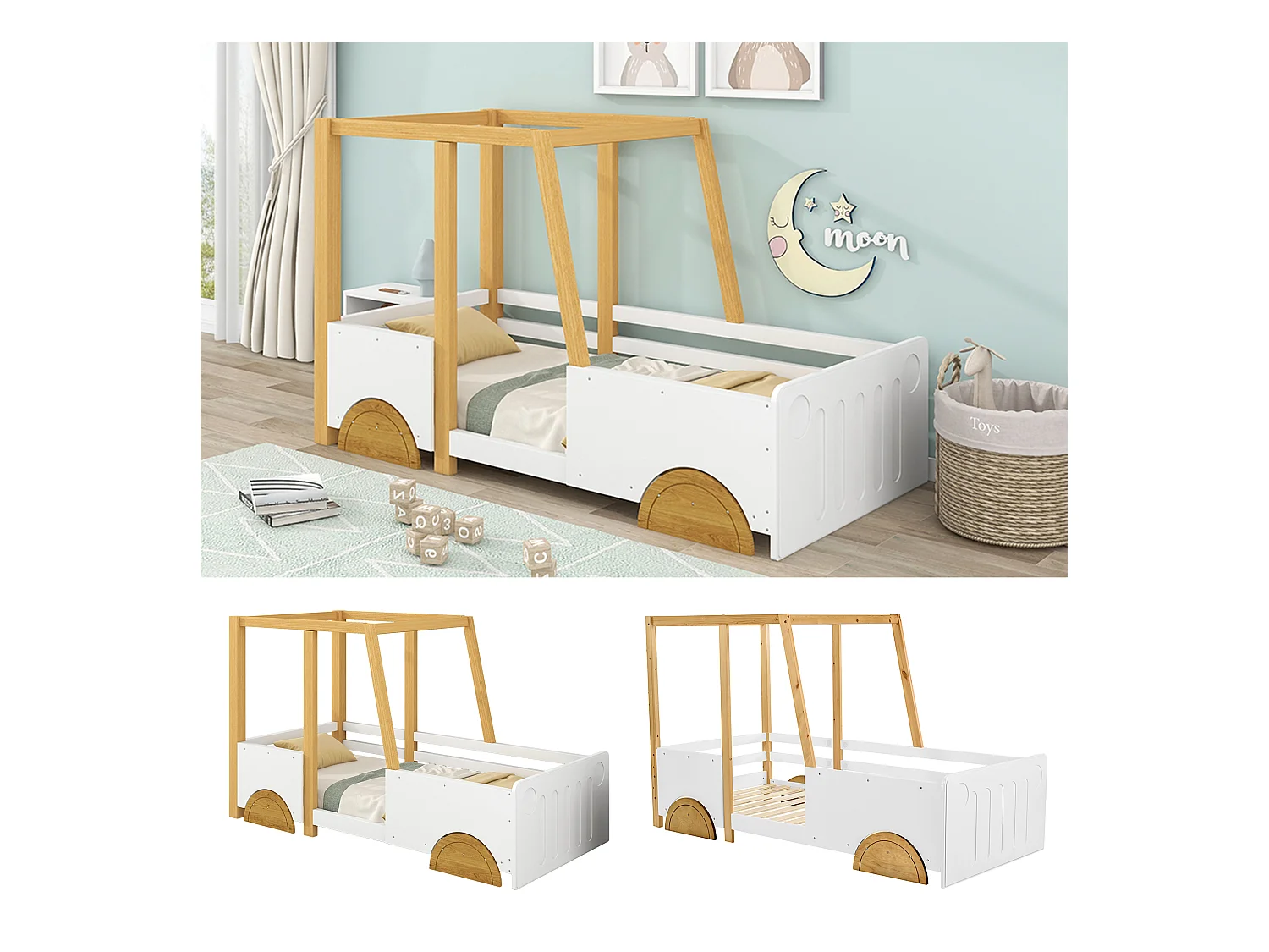 Autovormig kinderbed, massief houten frame, MDF, wit + naturel (207,5x95x124 cm)