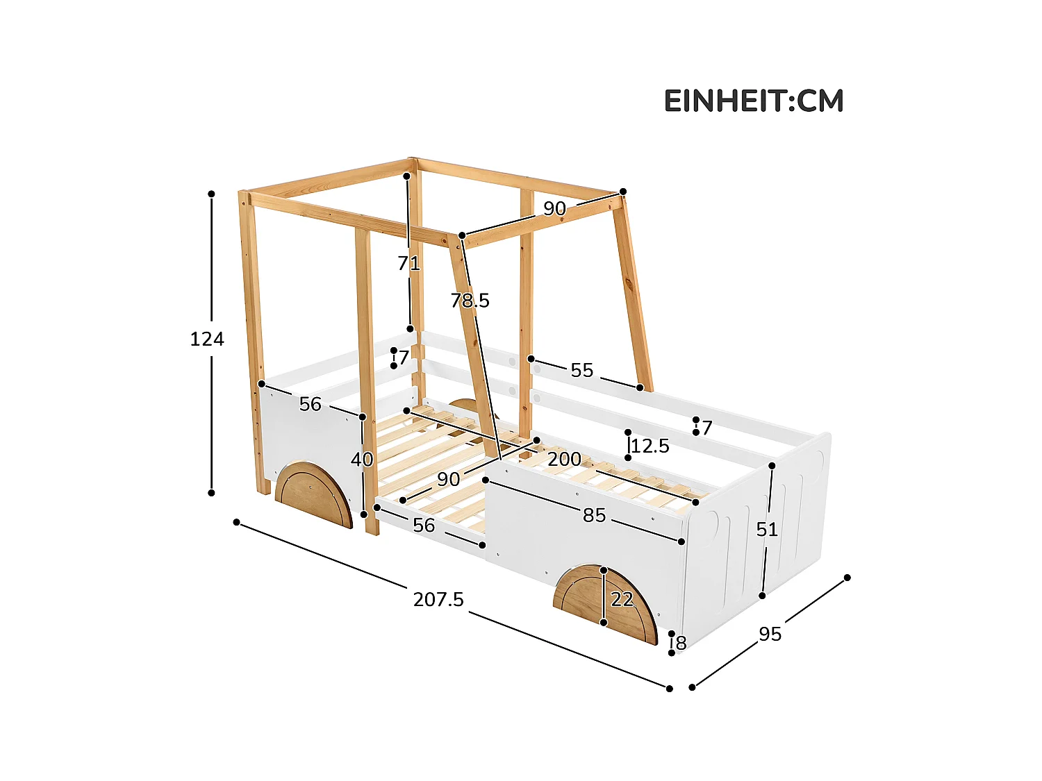 Autovormig kinderbed, massief houten frame, MDF, wit + naturel (207,5x95x124 cm)