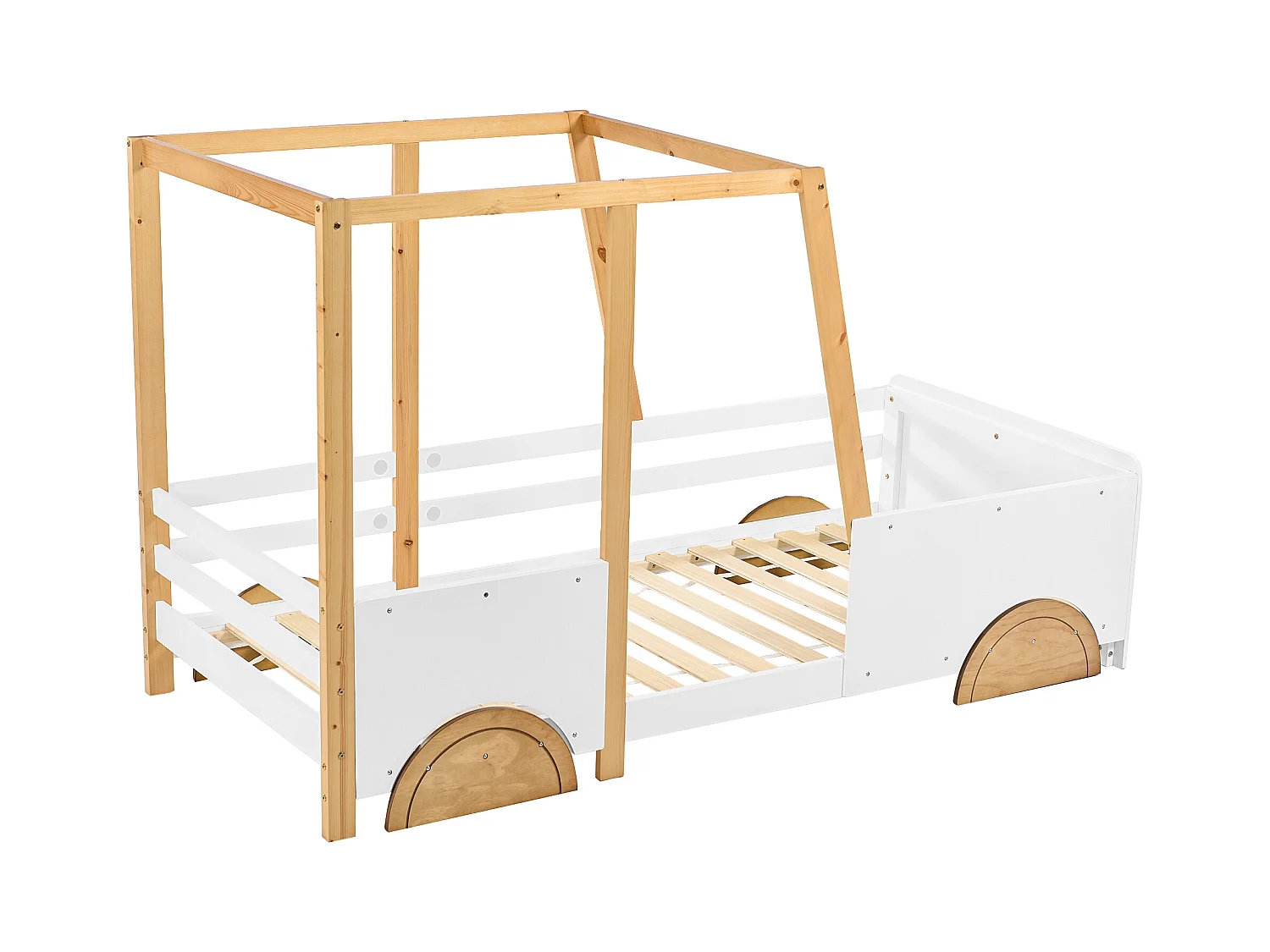 Autovormig kinderbed, massief houten frame, MDF, wit + naturel (207,5x95x124 cm)