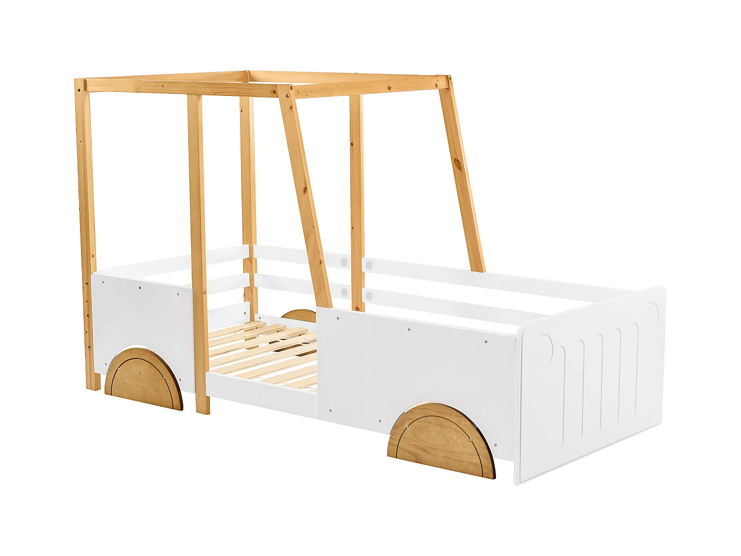 Autovormig kinderbed, massief houten frame, MDF, wit + naturel (207,5x95x124 cm)