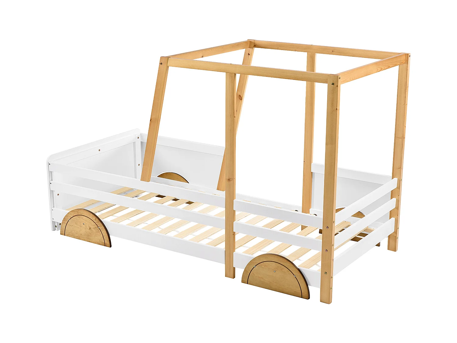 Autovormig kinderbed, massief houten frame, MDF, wit + naturel (207,5x95x124 cm)