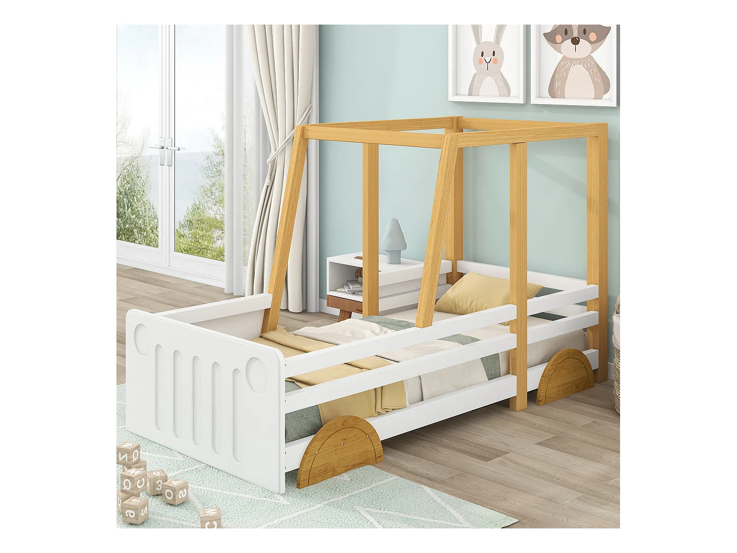Lit pour enfant en forme de voiture, cadre en bois massif, MDF, blanc + naturel (207.5x95x124 cm)