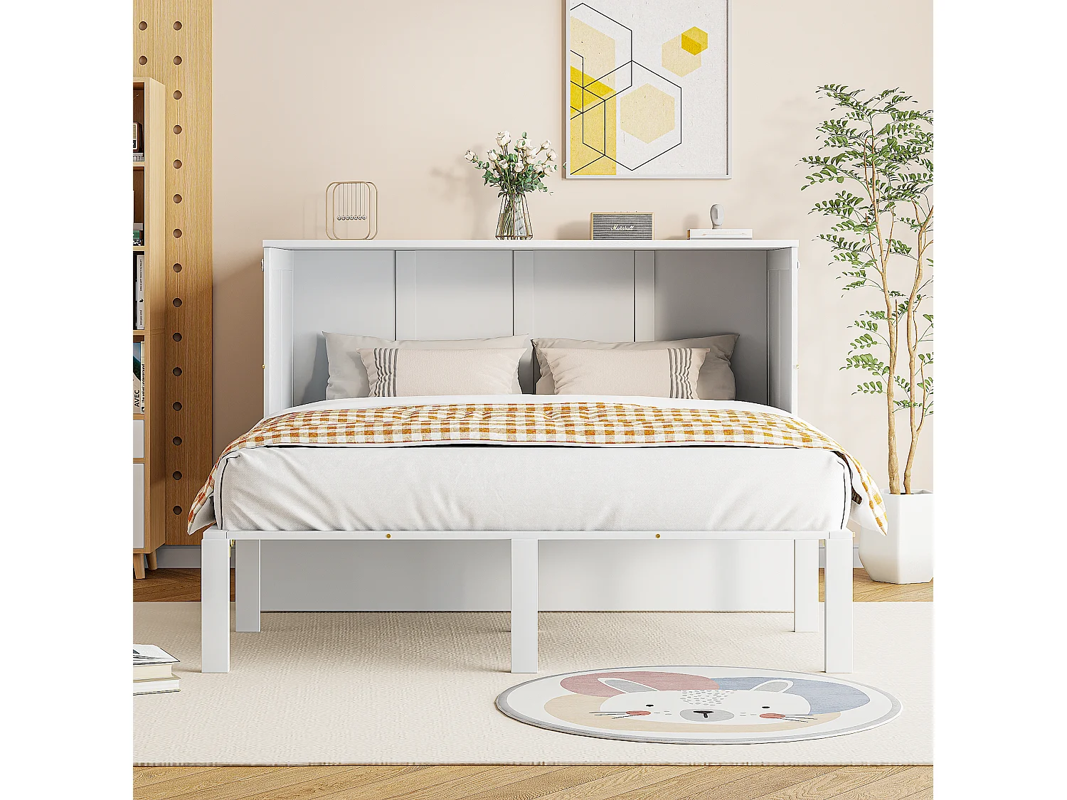 Lit escamotable vertical 140x200 cm avec sommier à lattes, lit mural pliable multifonction, bois et métal, blanc (205x146x71cm)